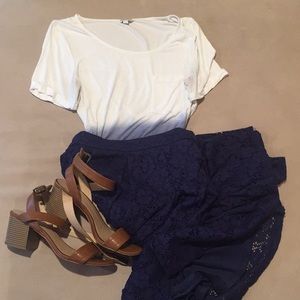 Navy eyelet lace midi skirt